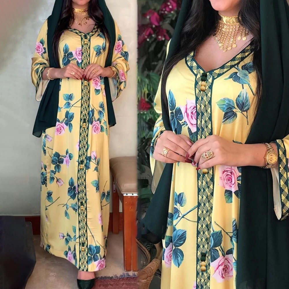 

Floral Print Dubai Jalabiya Muslim Fashion Abaya Dress Women Boho Robes Moroccan Caftan Turkey Arabic Oman 2021 Islamic Clothing