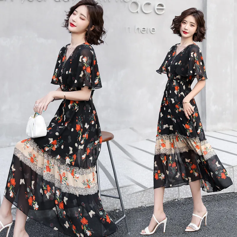 Women Summer Cool Casual Vintage Floral Prited Dresses Fashion Sexy See Through Elegant Ladies Dress+Spaghetti Strap Two Suit