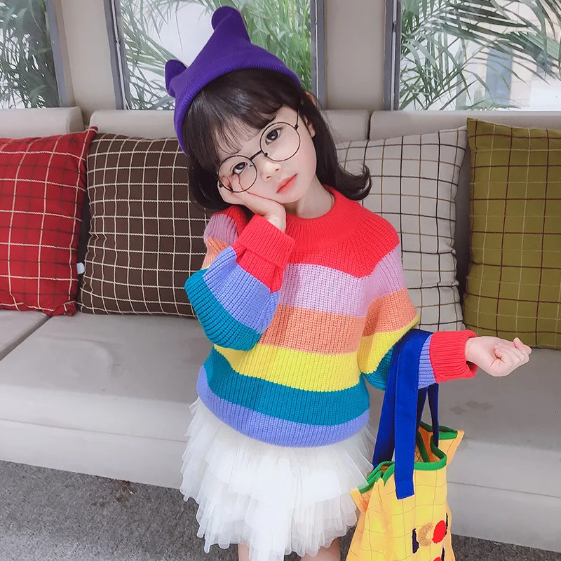 Радужный свитер для девочек Новинка 2019 года сезон осень зима Roupa теплые