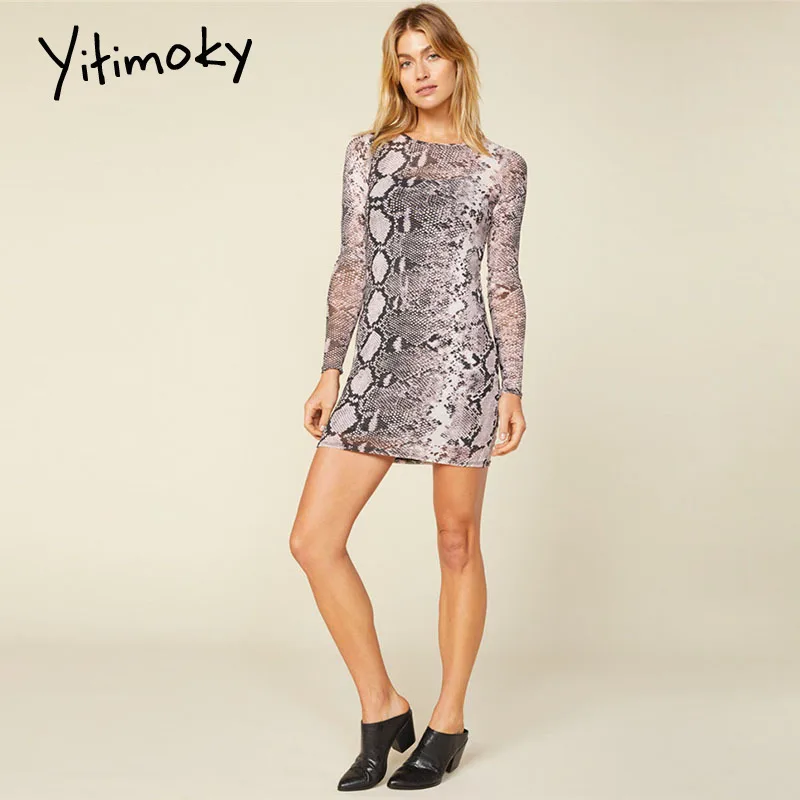 Змеиный принт облегающее платье с длинным рукавом сексуальное мини размера плюс