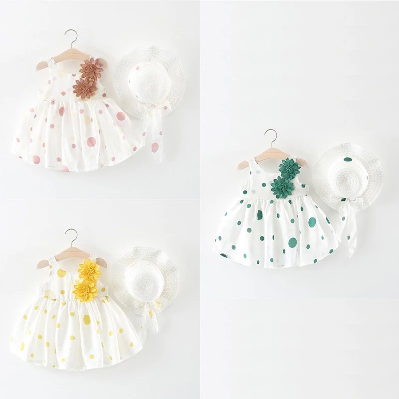 

VOGUEON Girls Dress 2021 Summer New Children's Clothing Baby Girl Flower Polka Dot Straw Hat Princess Dress Baby Christmas Dress