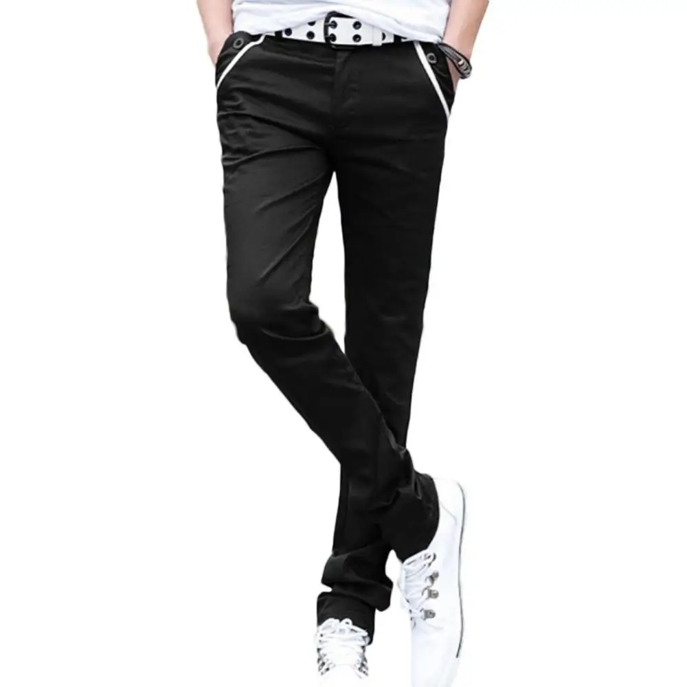 Men Pants Casual Solid Color Elastic Long Trousers Pockets Straight Pants Slim-fit style Straight-leg pants 2021