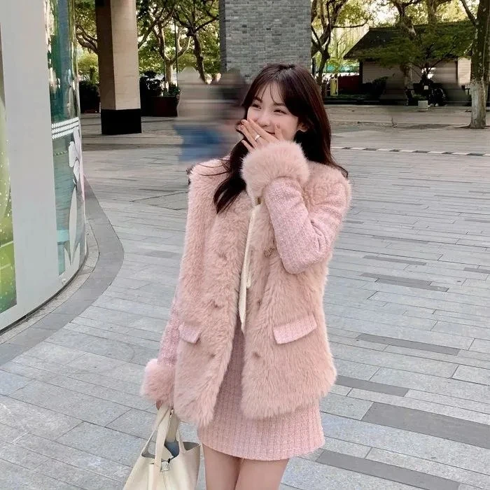 2021 Women Autumn Winter Loose Warm Tweed 2 Piece Set Female Plaid Jacket + Mini Pencil Wool Skirt Suits Lady Elegant |