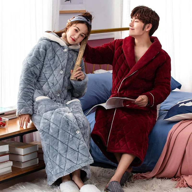

Sexy V-Neck Women Men Nightgown Lounge Sleepwear Home Clothes Thicken Warm Couple Style Flannel Robe Winter Long Sleeve Bathrobe