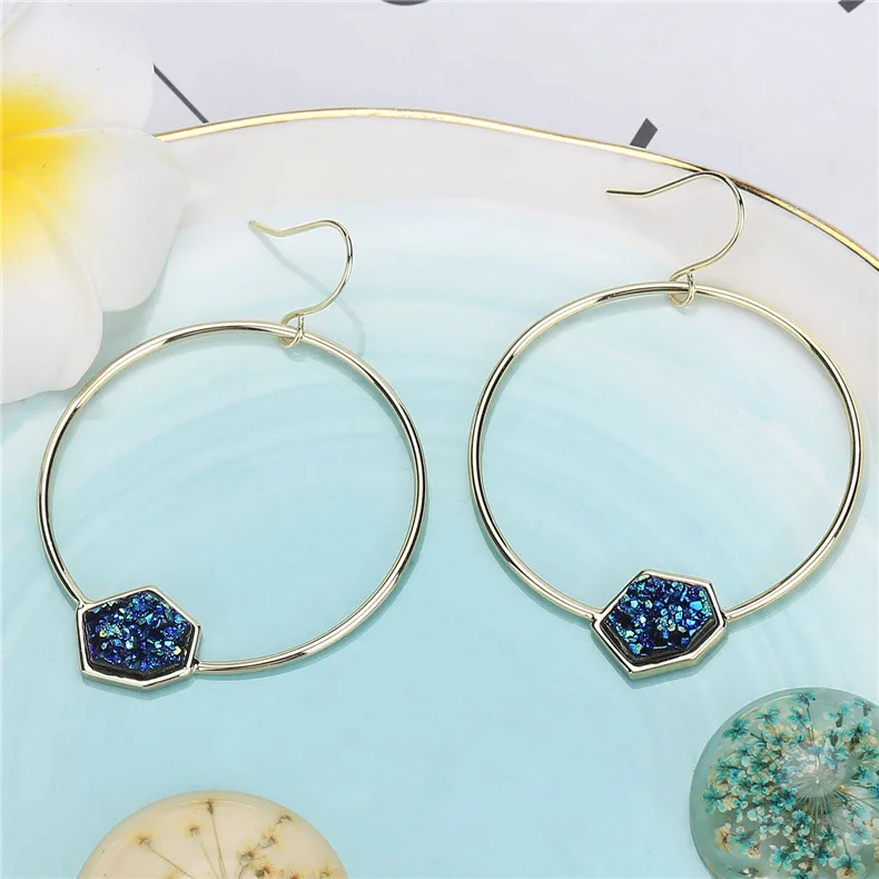 

Blue Rhombus Resin Druzy Big Round Cooper Dangle Earrings