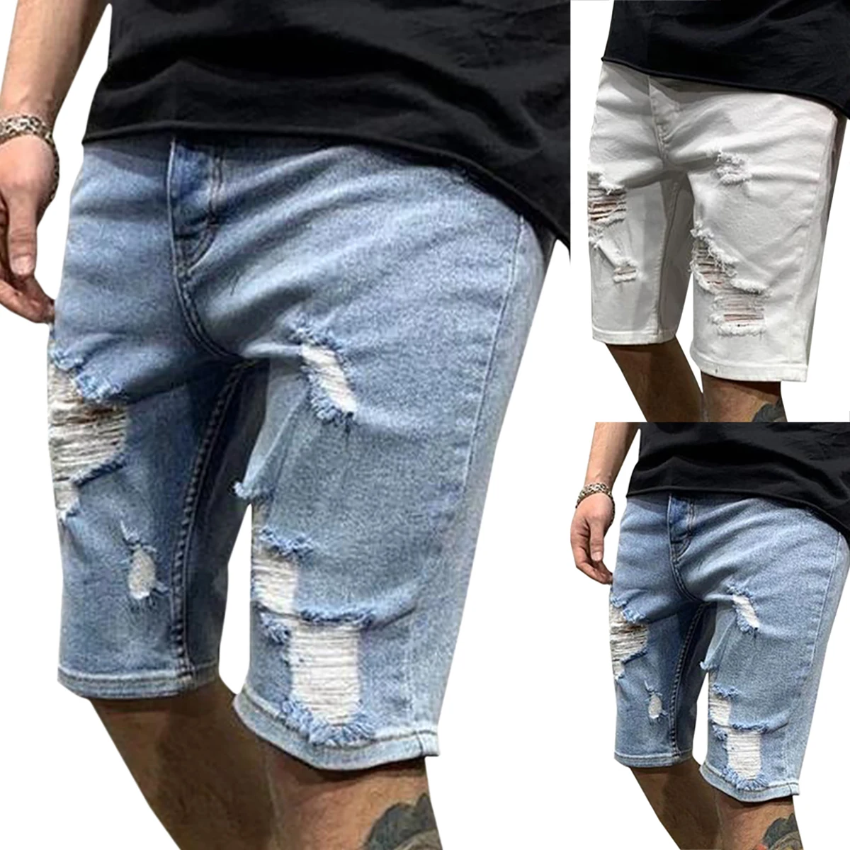 

Mens Short Jeans Knee Length Ripped Denim Shorts Blue Straight Men Bottoms 2020 Summer Casual White Mens Short Ripped Jeans