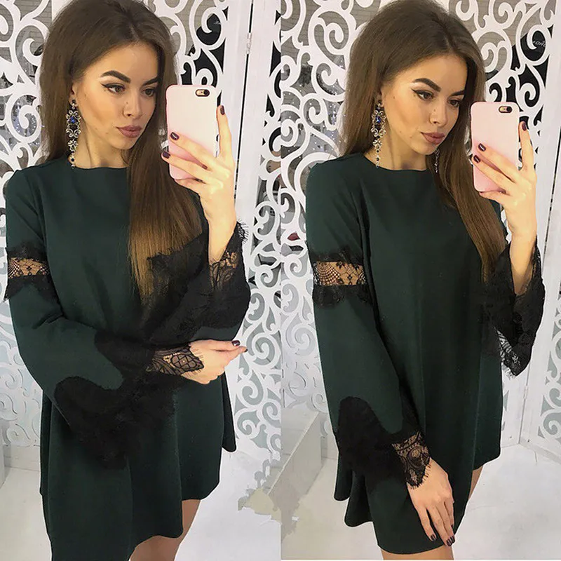 

Женское кружевное мини-платье с длинным рукавом, круглым вырезом