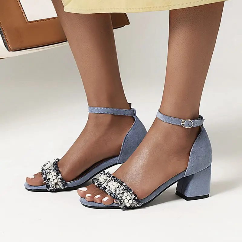 

AGODOR Pearl Design Women Open Toe Sandals All Match Block High Heel Summer Shoes Ladies Casual Ankle Strap Sandals Size 34-48