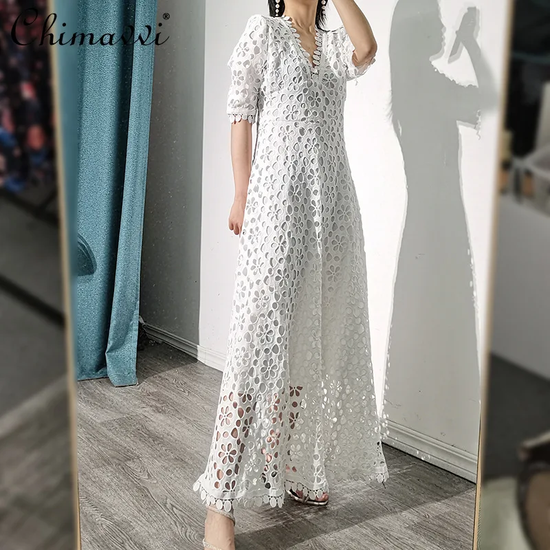 

2021 Autumn White Dress Women Temperament Commute Elegant Dress Feminine V-neck Hollow Out Stitching High Waist Slimming Dress