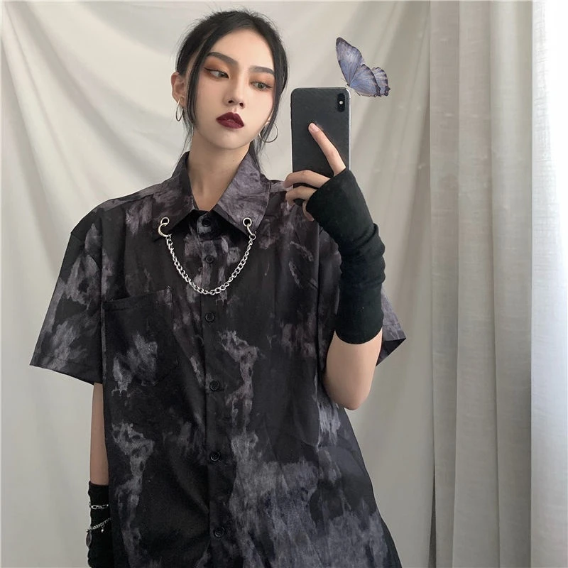 

Shirt with Chain Short Sleeve Button Up Blouse for Women Ladies Korean Style Black Tie Dye Clothes Collared Cardigan Clothing