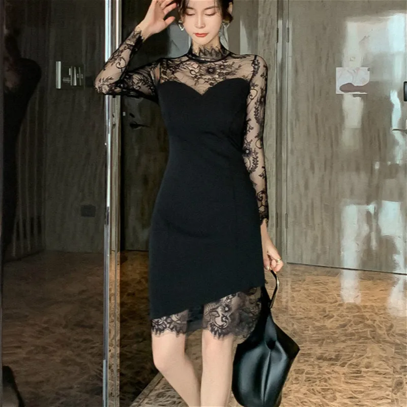 

Summer Lace Dress Women 2020 Turtleneck Elegant Office Lady Mini Party Dresses Long Sleeve Black Vestidos Frocks for Women