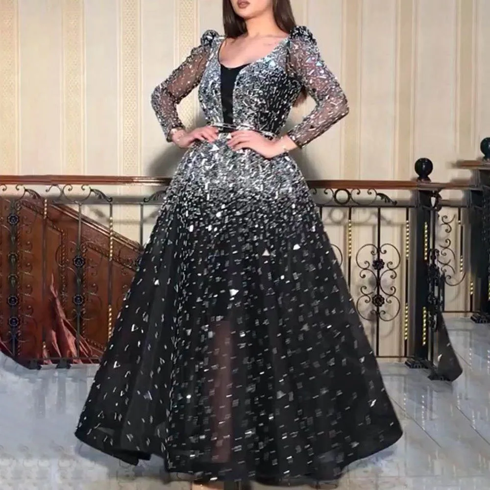 

Осенне-зимнее сексуальное модное градиентное платье с длинными рукавами, блестками и большим подолом в пол, женские вечерние платья для вып...