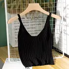 Женский укороченный топ на бретельках, трикотажный однотонный жилет в рубчик с v-образным вырезом, лето 2020