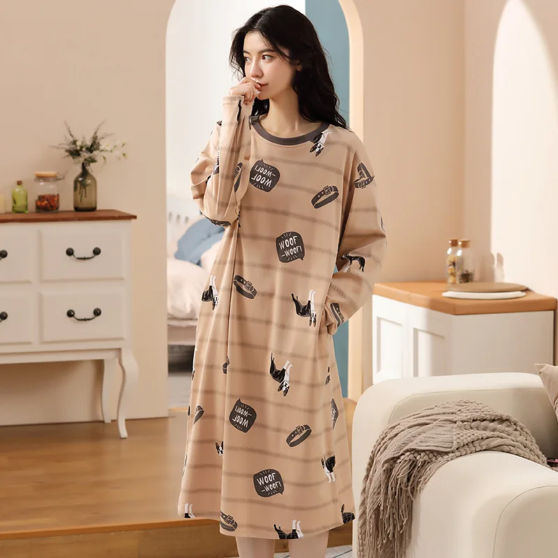 Cotton Nightdress Women's Autumn Long Sleeve Nightgown Lady Long Knee Length Home Clothes Female Sleepwear Sleeping Wear