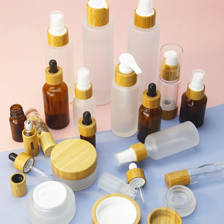 Frosted glass emulsion spray bottle Perfume bottles Skincare cream jar Mask Cosmetic packaging containers with wooden bamboo cap | Красота и