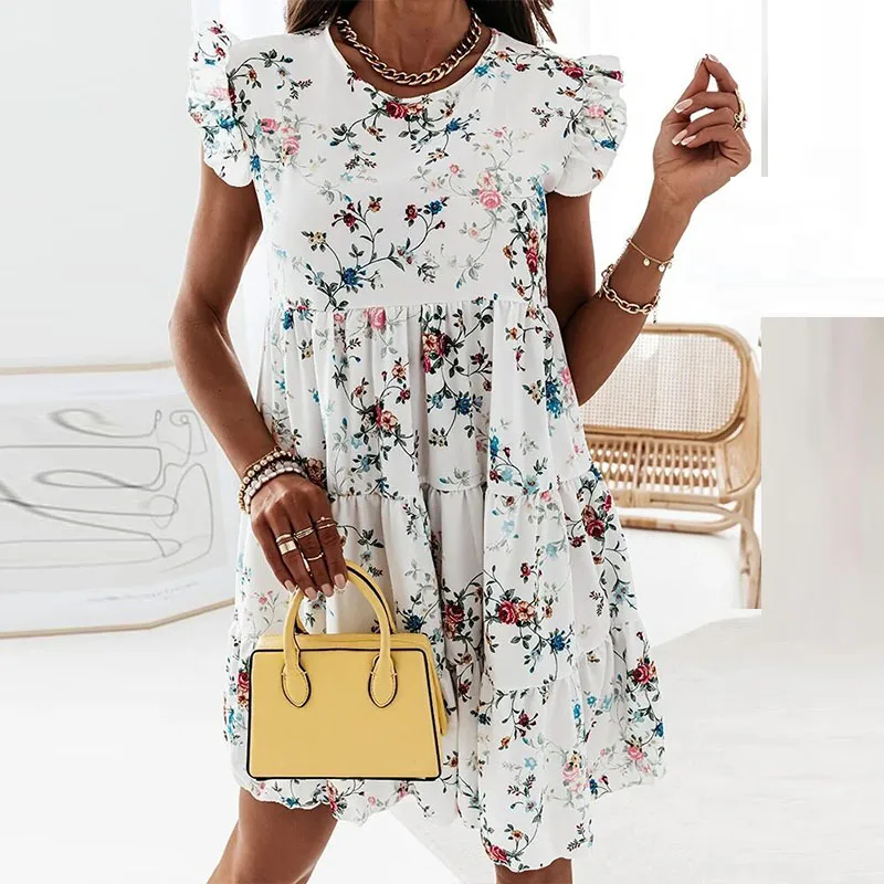 

Ladies Casual Ruffle Sleeve Party Dress 2021 Spring/Summer O-Neck Ruffle Mini Dress Elegant Pleated Office Ladies A-line Skirt