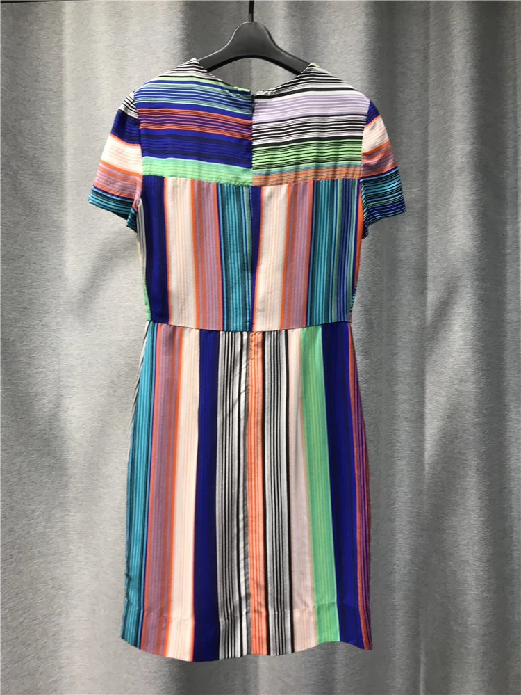 

Women Dress New Summer Products Fashion Silk Round Neck Short Sleeve Medium Length Splicing Pullover Skirt Whole Body Stripe