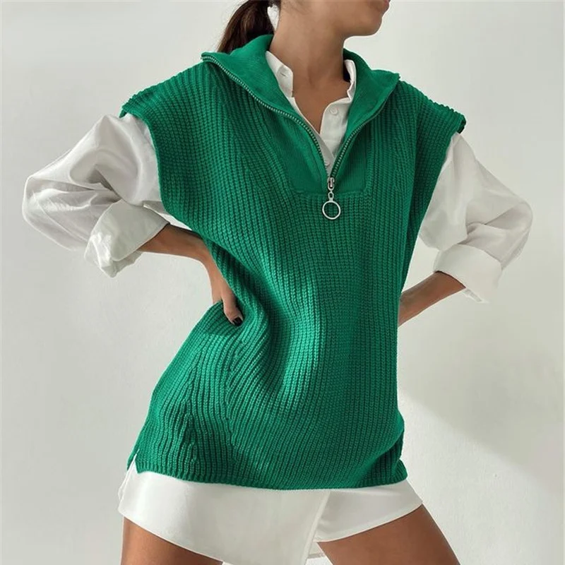 

Sleeveless Sweater Vest Green Casual Knitted Pullover Tops Women 2021 Oversized Solid Winter Zip Up Sweaters Jumper