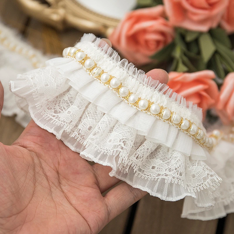

pleated white lace ribbon 7cm wide for dress collar garments accessories sewing supplies and applique DIY crafts beaded fabric