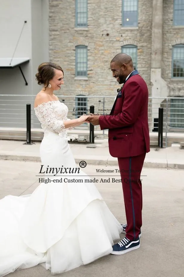 

Handsome One Button Burgundy Wedding Suits For Men shawl Lapel Business Suits Formal Groom Tuxedos Mens Jacket+Vest+Pant