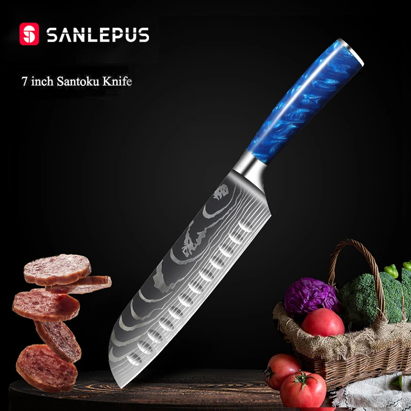 

SANLEPUS 7 inch Santoku Knife Kitchen Chef Knives Classic Pattern Japanese Stainless Steel Sanding Laser Pattern Vegetable Knife