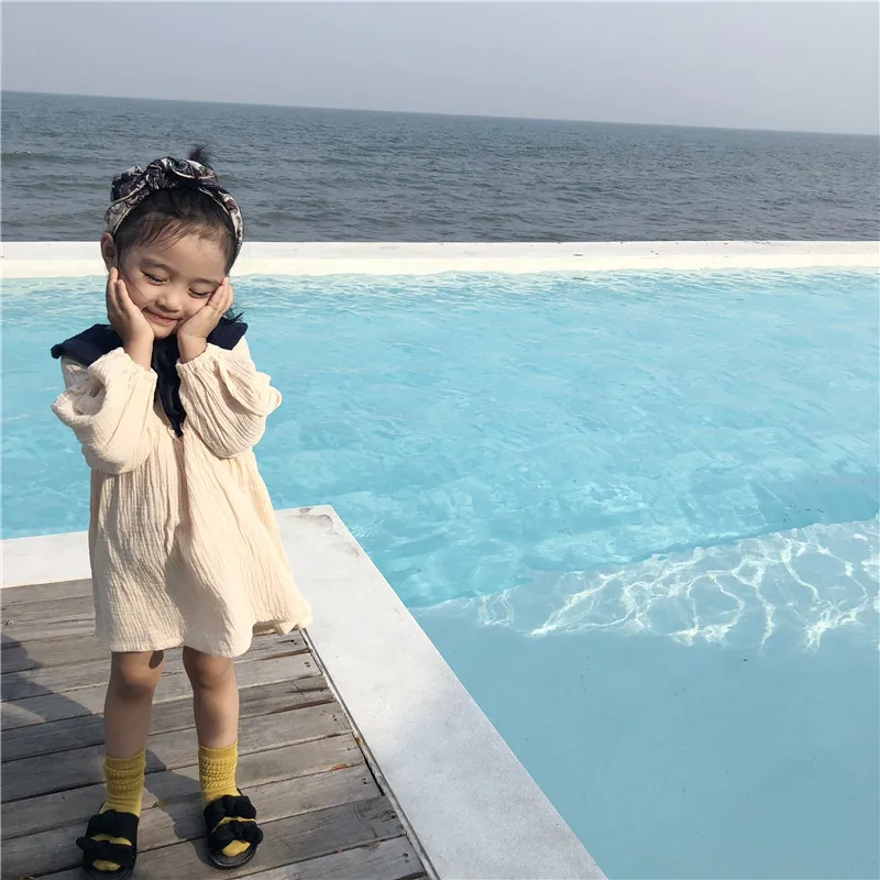 Spring Summer Korean style pure cotton yarn doll collar long sleeve dresses for girls cute kids all-match princess dress | Детская