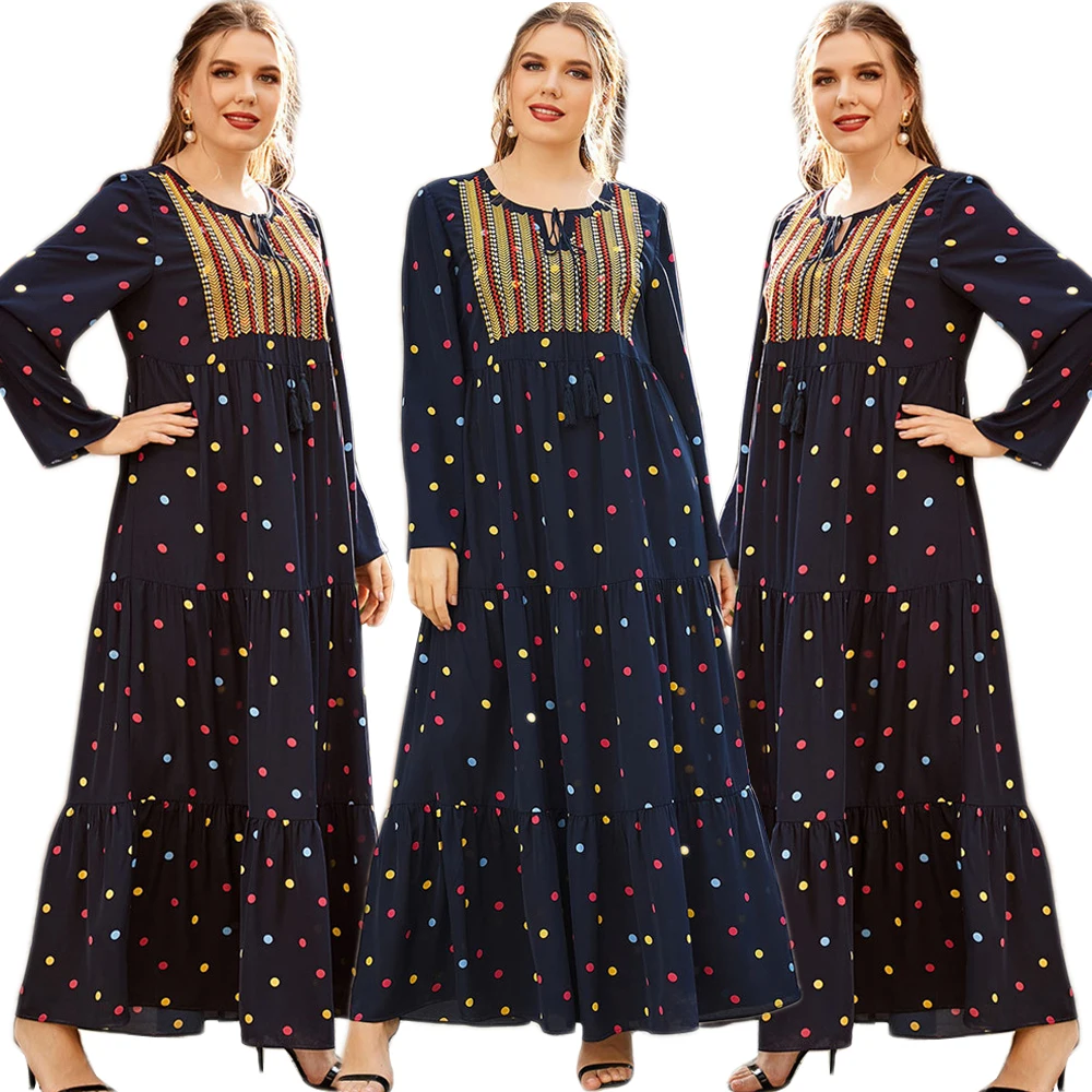 

В этническом стиле с узором в горошек, женское длинное платье мусульманском арабском Исламская одежда Рамадан Ближний Восток Дубай на весн...