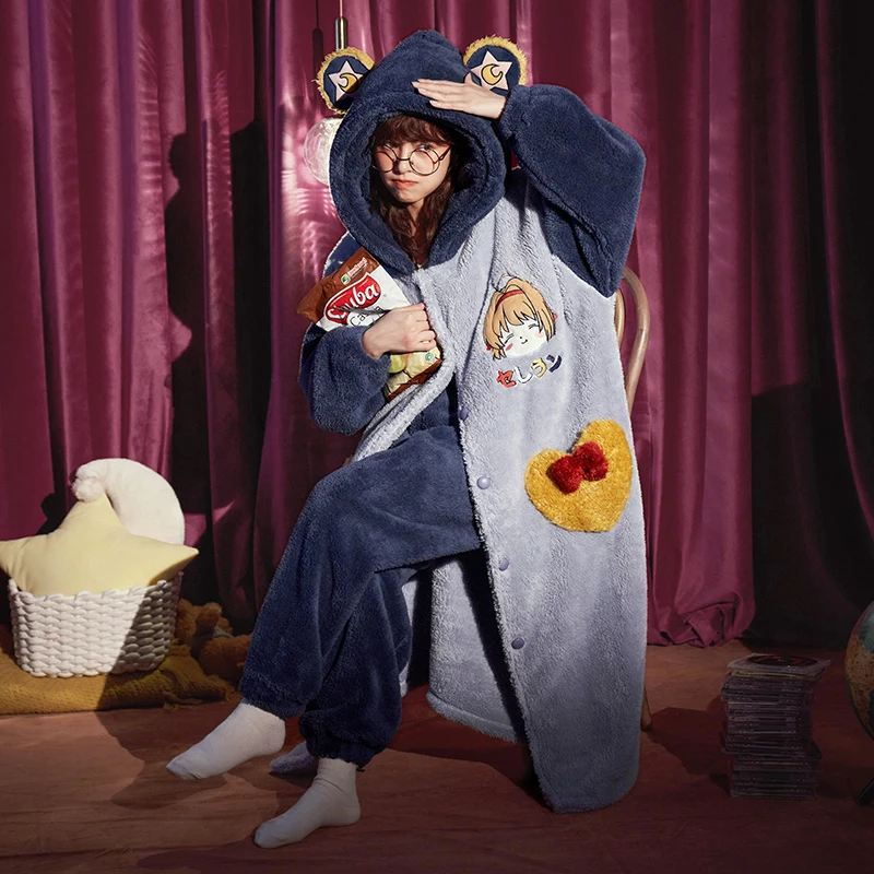 Winter Sleepwear Woman Loose Version Pajama Set Flannel Cartoon Night Skirt Two-piece Dress Cardigan Medium Style Sweet женский