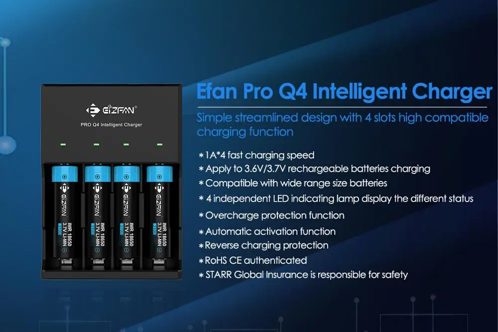 Новое зарядное устройство Eizfan Efan Q4 18650 интеллектуальное светодиодный дисплей Pro 4
