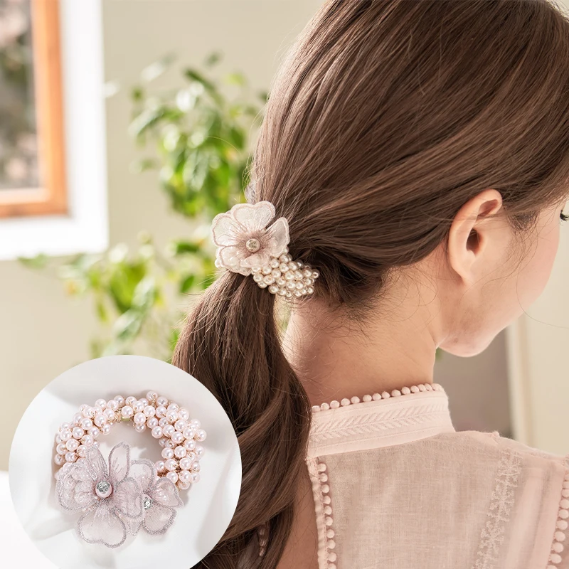 

CHIMERA Women Girls Full Of Imitation Pearls Hair Elastic Rubber Band Romantic Pink Flower Beaded Hair Rope Ties Accessories