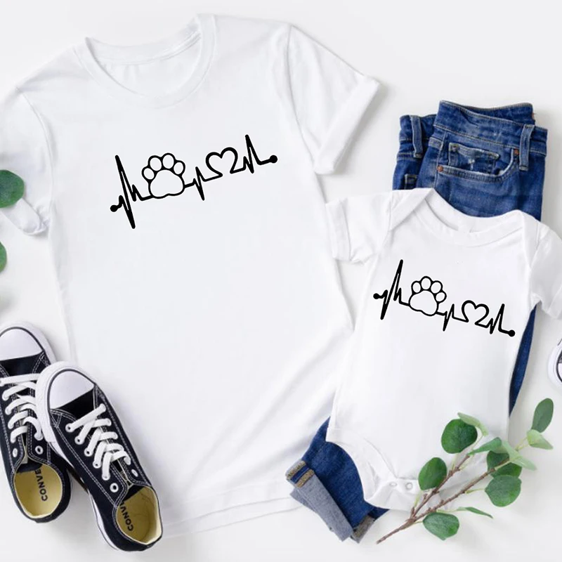 Conjunto familiar de algod&oacute;n con latido del coraz&oacute;n para madre, hija, hijo y ni&ntilde;o, camiseta a juego-3