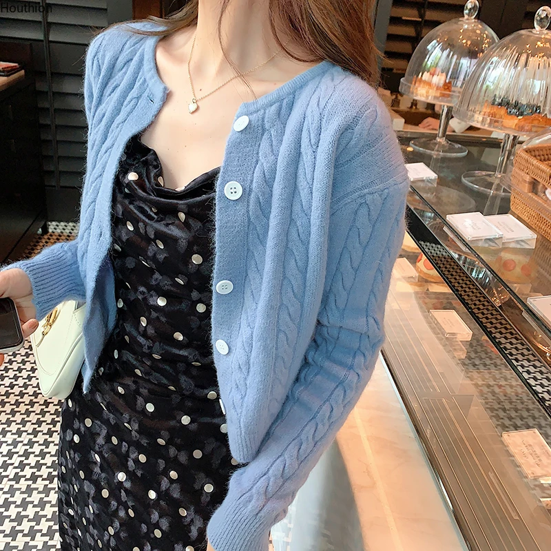 

Женский трикотажный кардиган с круглым вырезом, длинным рукавом