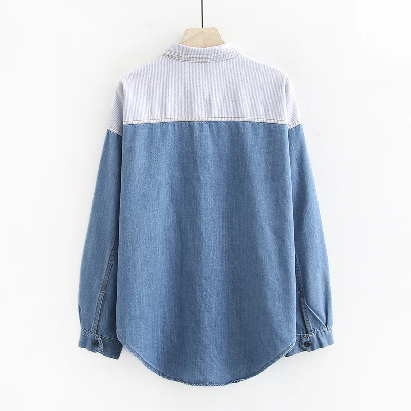 Spring 2020 women's blouse new large size women's shirt denim shirt fat sister Korean stripe stitching plus size women blouse