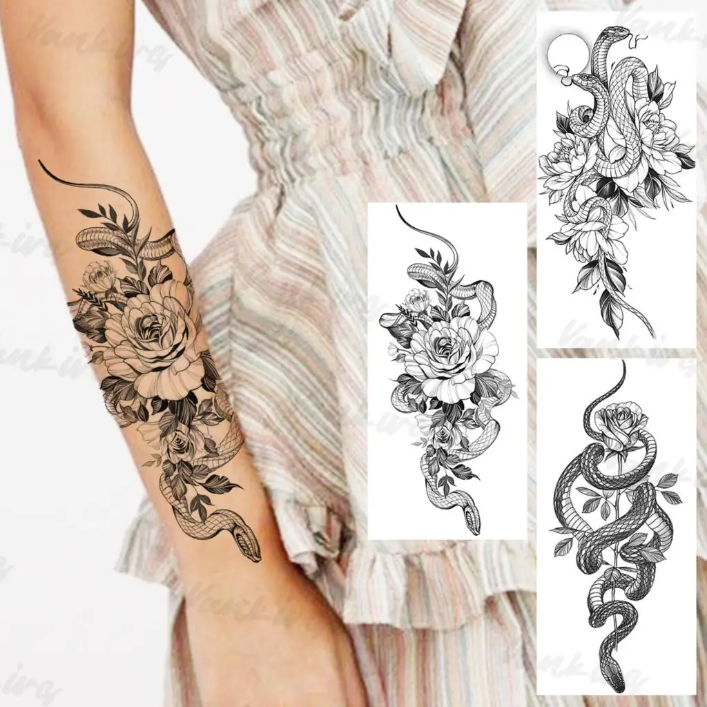 

Rose Flower Snake Temporary Tattoos For Women Adults Realistic Florals Sun Fake Tattoo Sticker Arm Body Waterproof Tatoos DIY
