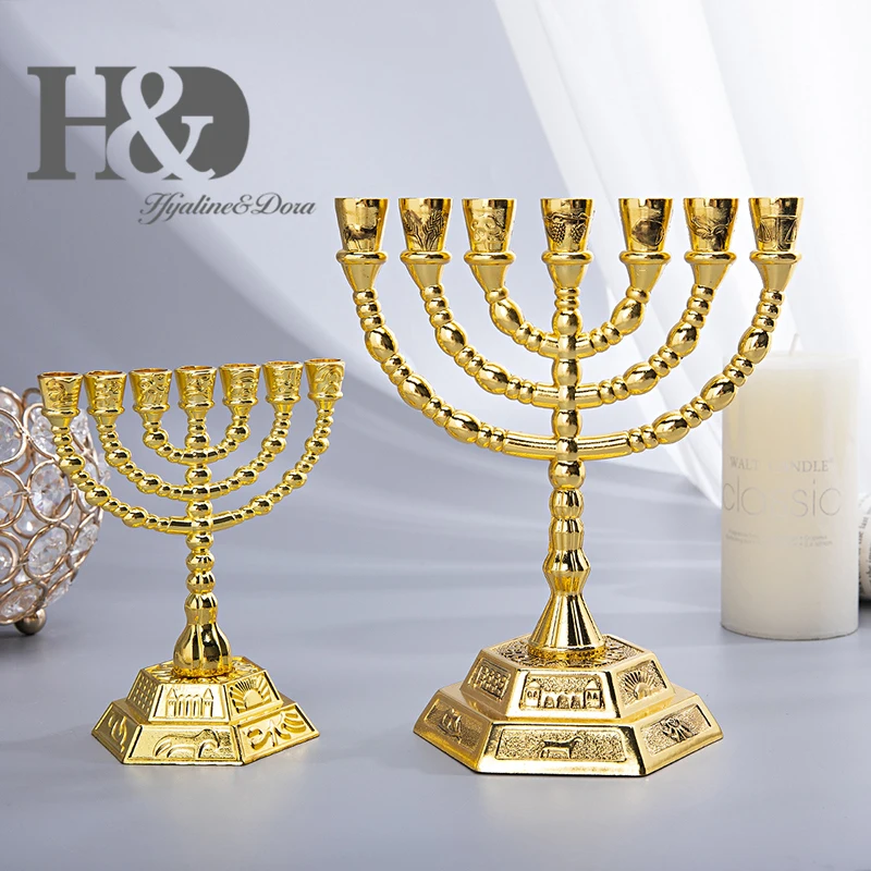 H&D, 7 веток, шестиугольная основа, 12 племен Исраила, менора в золоте, 6,2 дюймов, святая земля, подарок, Джерузалем, храм, украшение на свадьбу, день рождения