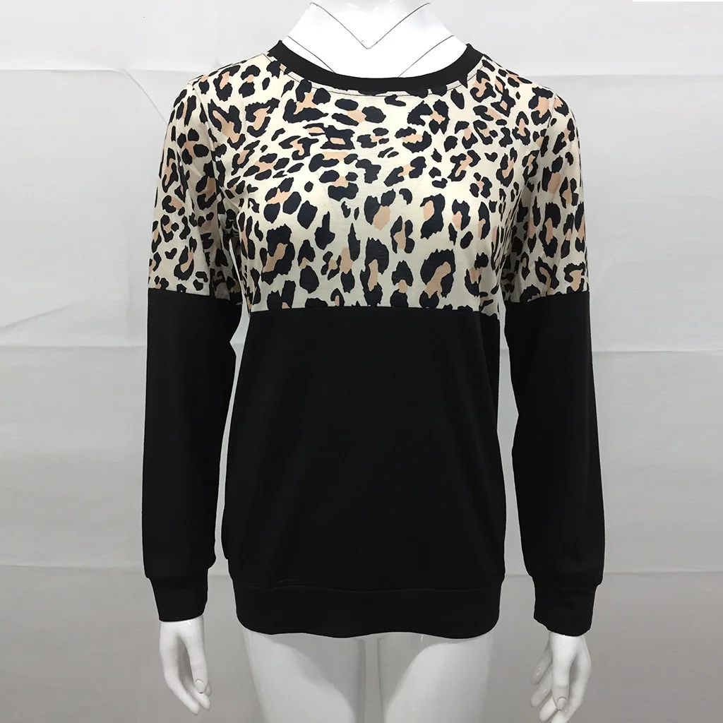

Autumn and winter women's leopard round neck long sleeve color contrast top T-shirt