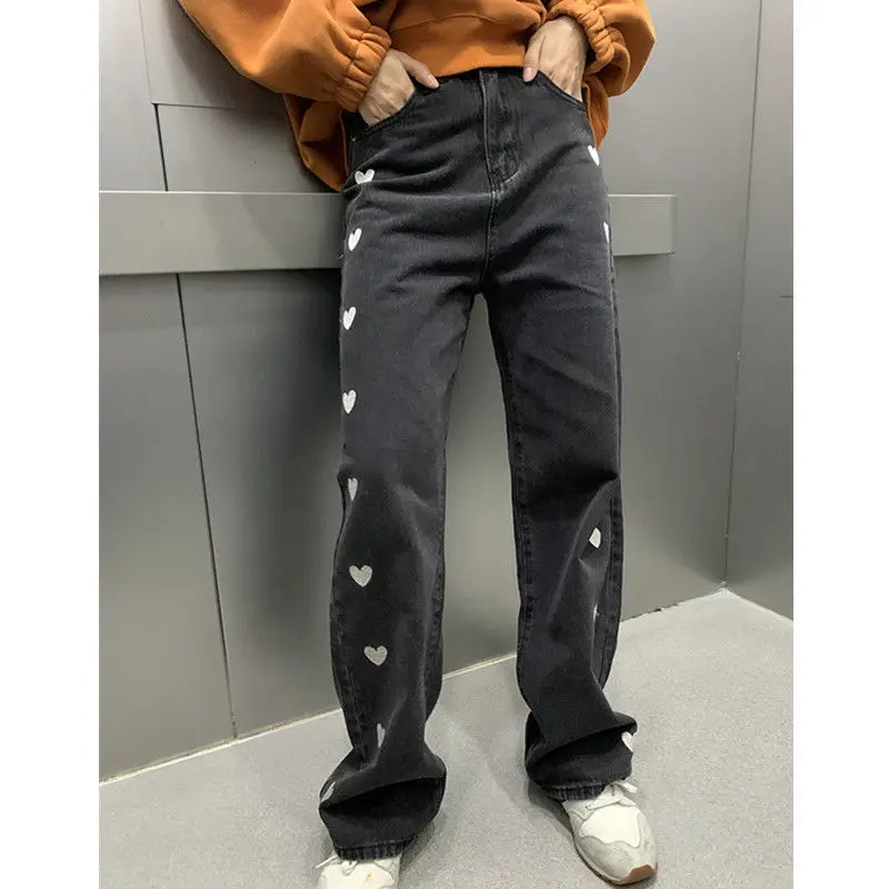 

2021 spring and autumn new Korean love embroidery casual straight trousers high waist slim jeans y2k flower woman jeans