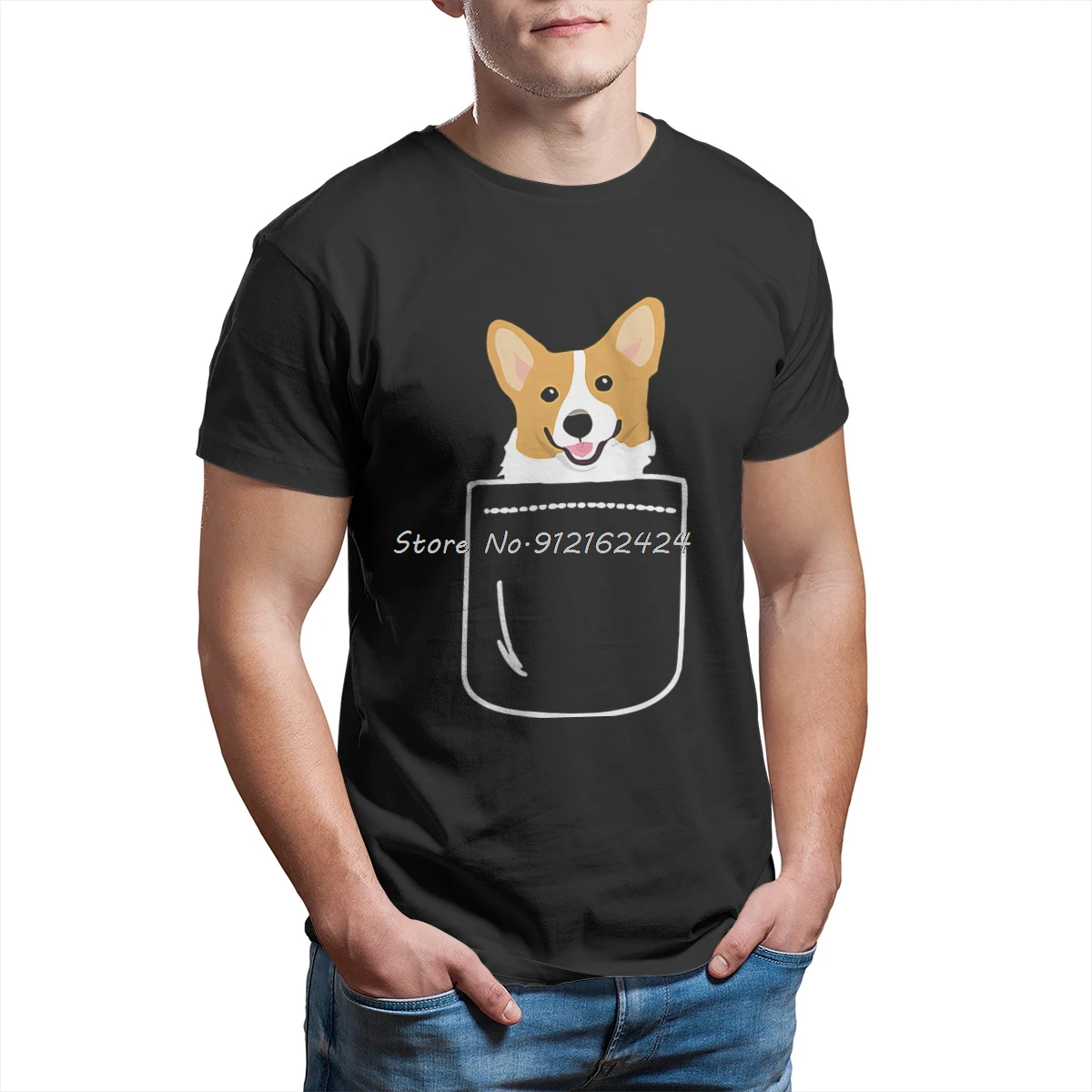 

Забавная Мужская футболка Corgi в кармане с надписью «Crazy Dog»