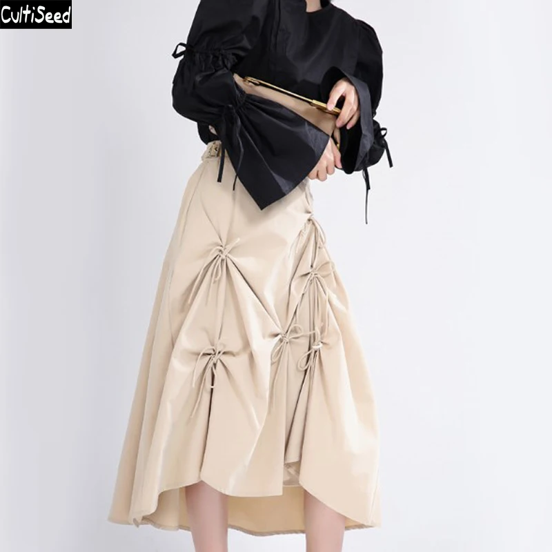 

Женская юбка-пачка Cultiseed, осенняя кожаная Облегающая Юбка со шнуровкой и бантом, вечерние длинные юбки с высокой талией и пряжкой