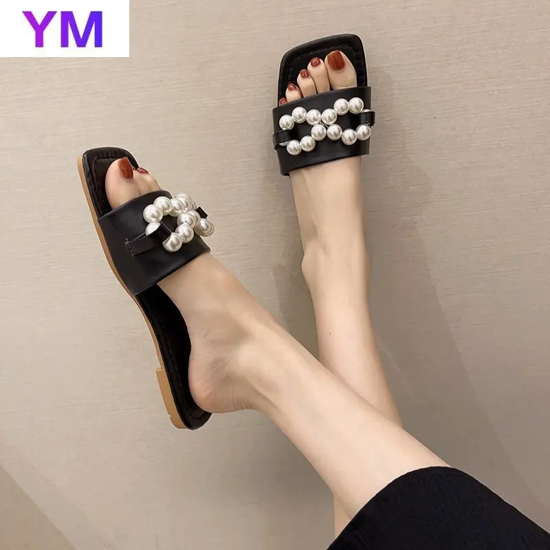 

Hot 2021 Black Beige Women Summer Sandals Casual Beach Shoes Pearl Ladies Fashion Flats Square Toe New Slides Footwear 35-43