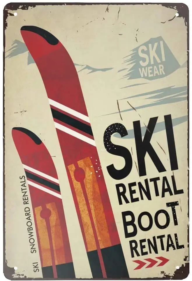 

Angeloken Retro Tin Sign Ski Wear Boot Rental Vintage Metal Sign for Wall Poster for Home Kitchen Bar Coffee Shop 12x8 Inch