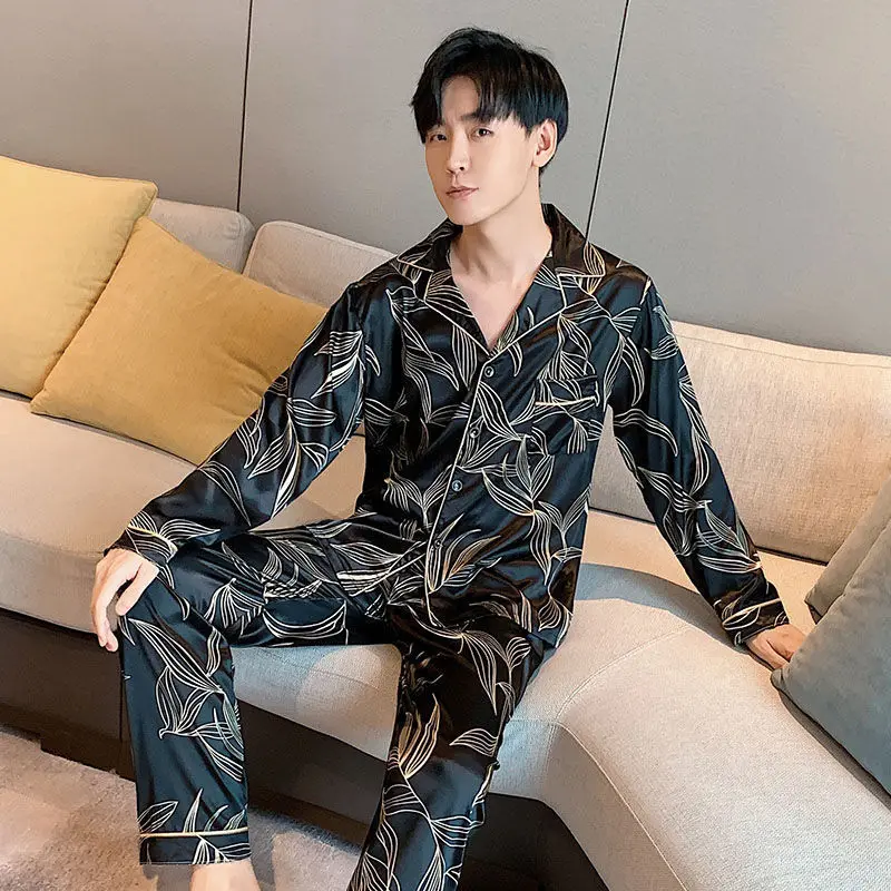Man Pajamas 2022 Spring Autumn New Long-Sleeve Ice Silk Sleepwear Luxury Noble Pijamas Male Casual Nightie Home Clothes Suits