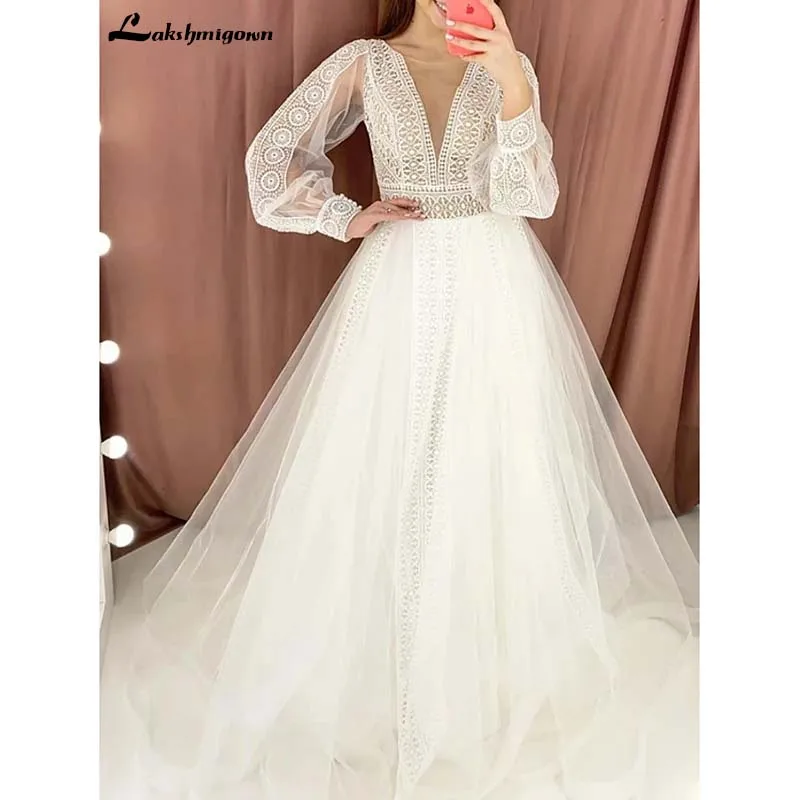 

Женское свадебное платье с длинным рукавом, сексуальное ТРАПЕЦИЕВИДНОЕ ПЛАТЬЕ в стиле бохо с драгоценным вырезом и шлейфом, свадебные плат...