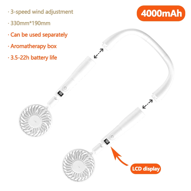 

Portable Neck Fan Hands Free Bladeless Fan 4000 mAh Battery Operated Wearable Personal Fan Leafless 3-speed adjustable