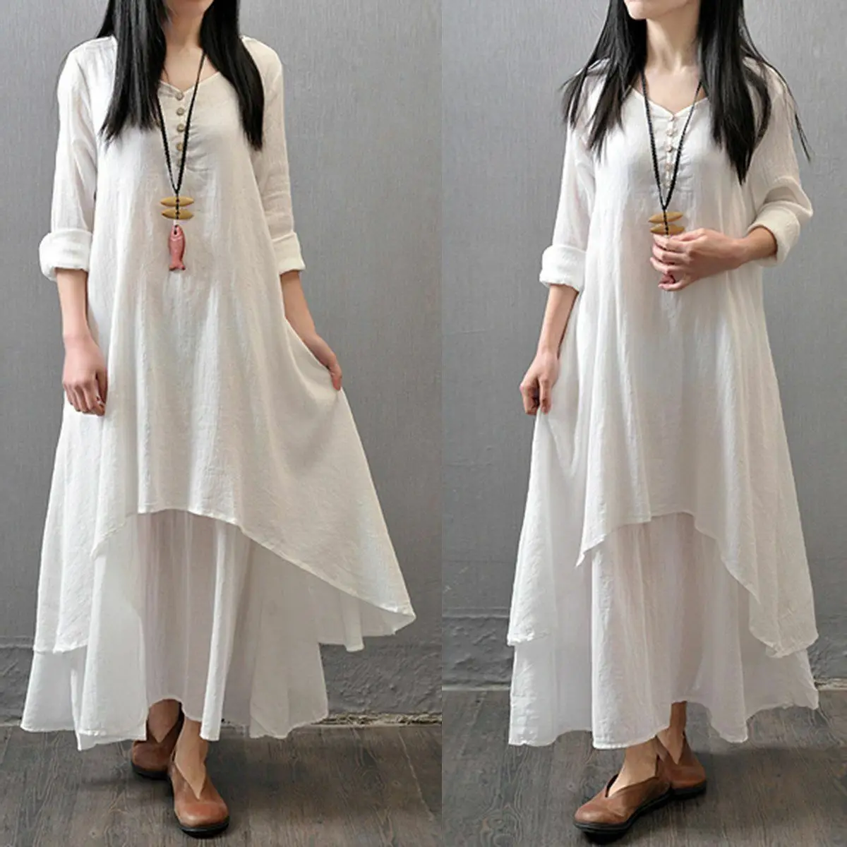 Весна Boho женское V Nekc крестьянское этническое хлопковое льняное Повседневное платье макси с длинными рукавами на пуговицах Несимметричное длинное платье хит - Цвет: Белый