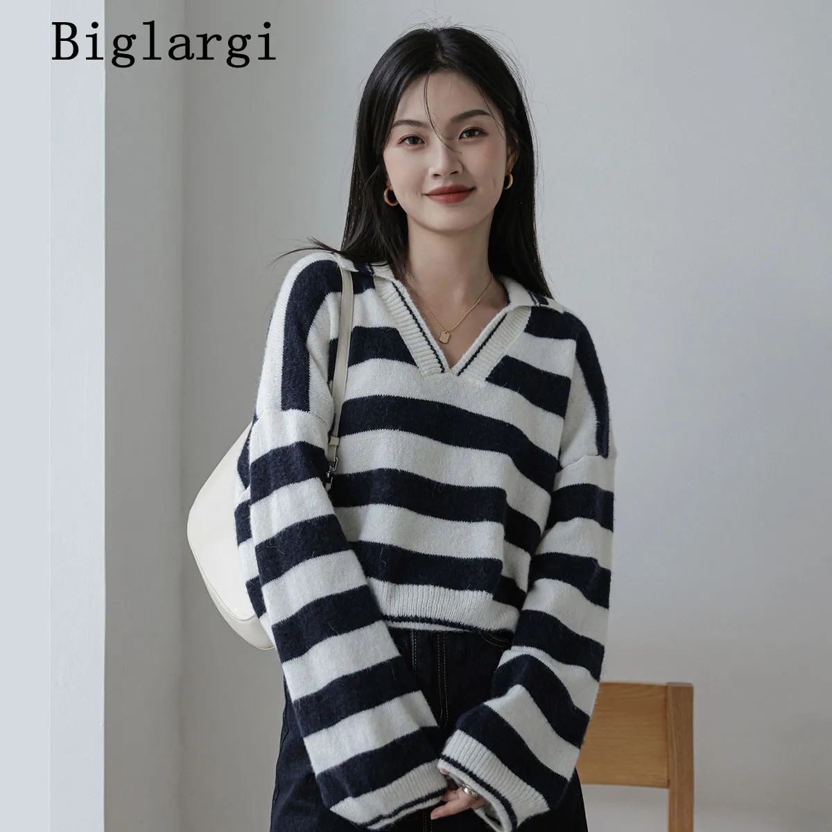 

Женский вязаный свитер в полоску, Свободный пуловер с длинным рукавом и лацканами, джемпер в Корейском стиле для осени, 2021