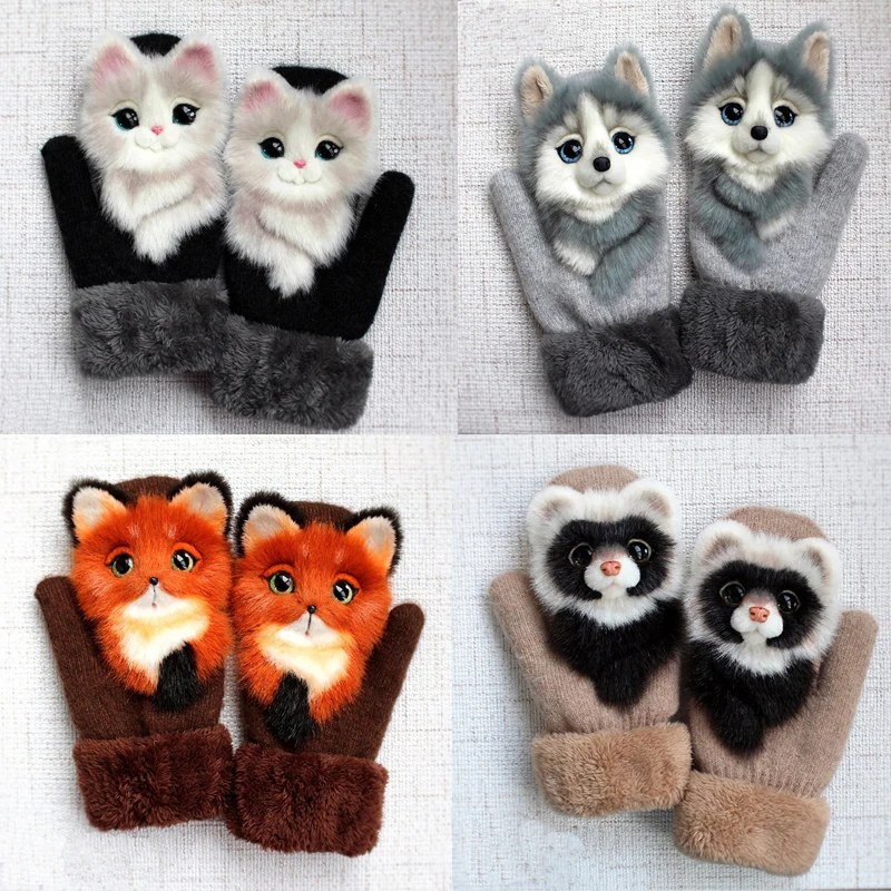 Зимние теплые детские перчатки с забавным милым мультяшным котом плюс бархатные