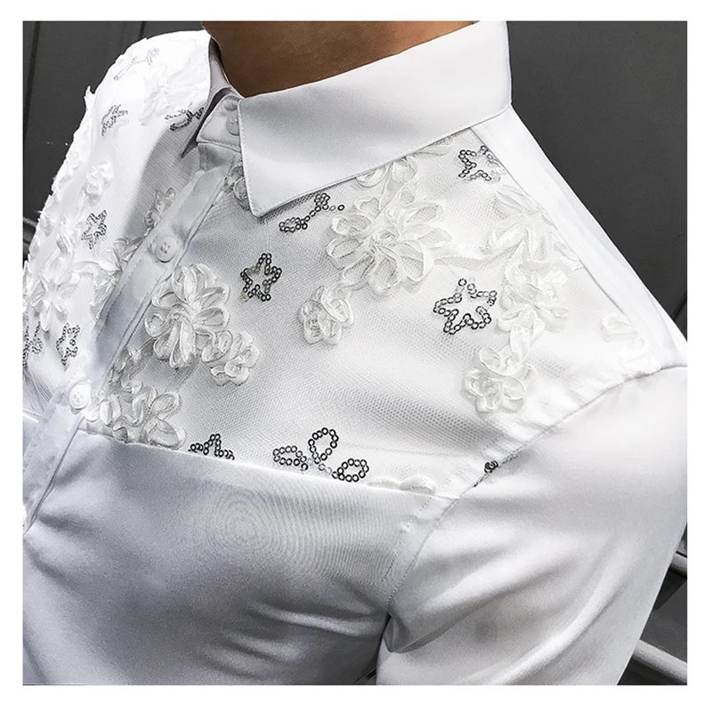 

Spring Autumn Lace Split Floral Shirt Men Long Sleeve Hairstyle Black White Male Shirt Camisa Social Masculina Slim Fit V310