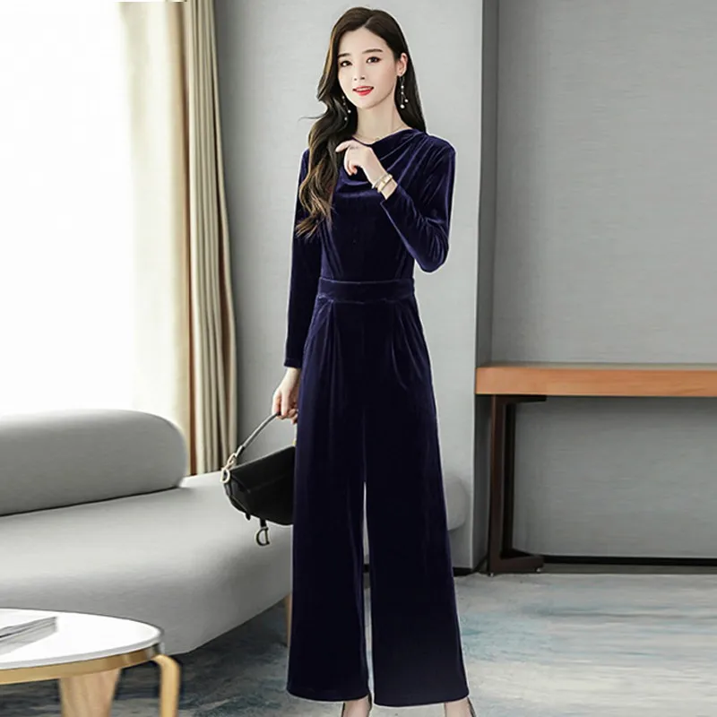 Long Jumpsuits 2021 New Women Sleeve Pile Collar Office Lady Solid Velvet Rompers |