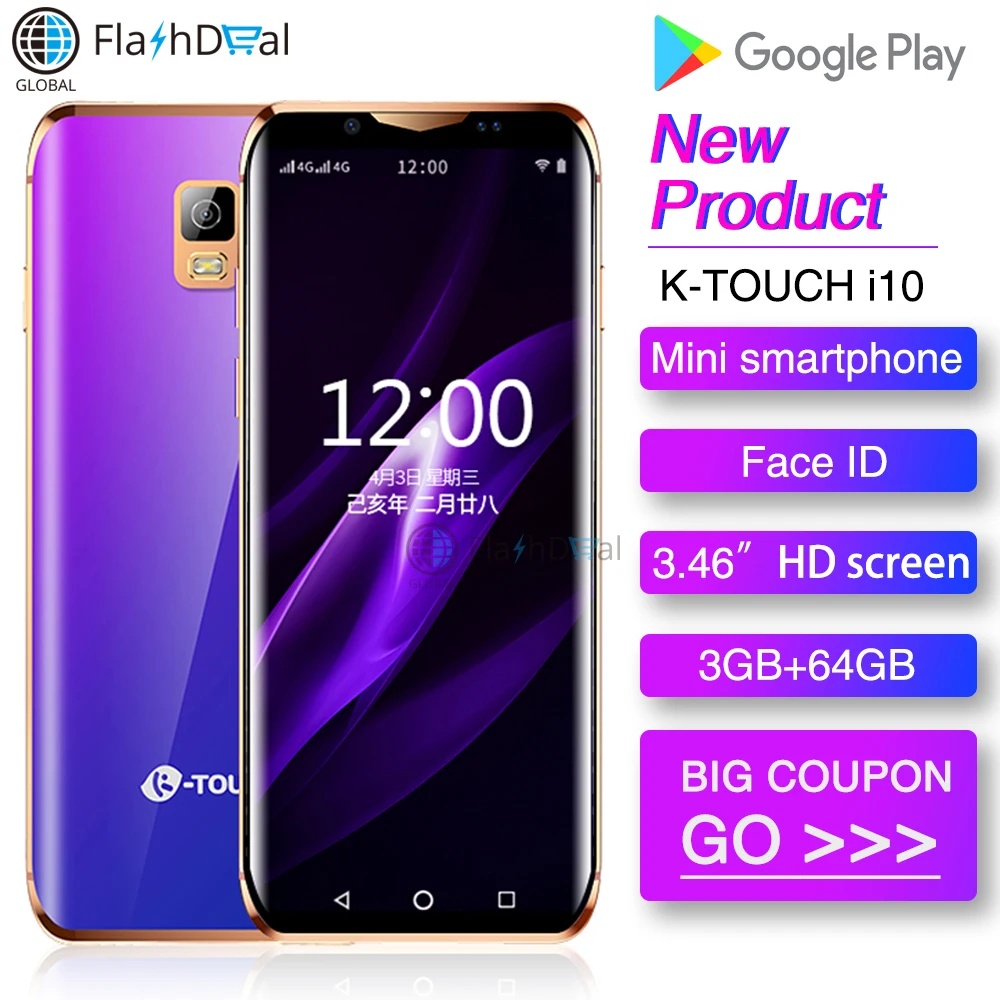 Мини-смартфон K-Touch i10, четырехъядерный, 3 ГБ, 64 ГБ, 3,46 дюймов, 6D, изогнутое стекло, экран, Android 8,1, Face ID, wifi, маленький смартфон 4G
